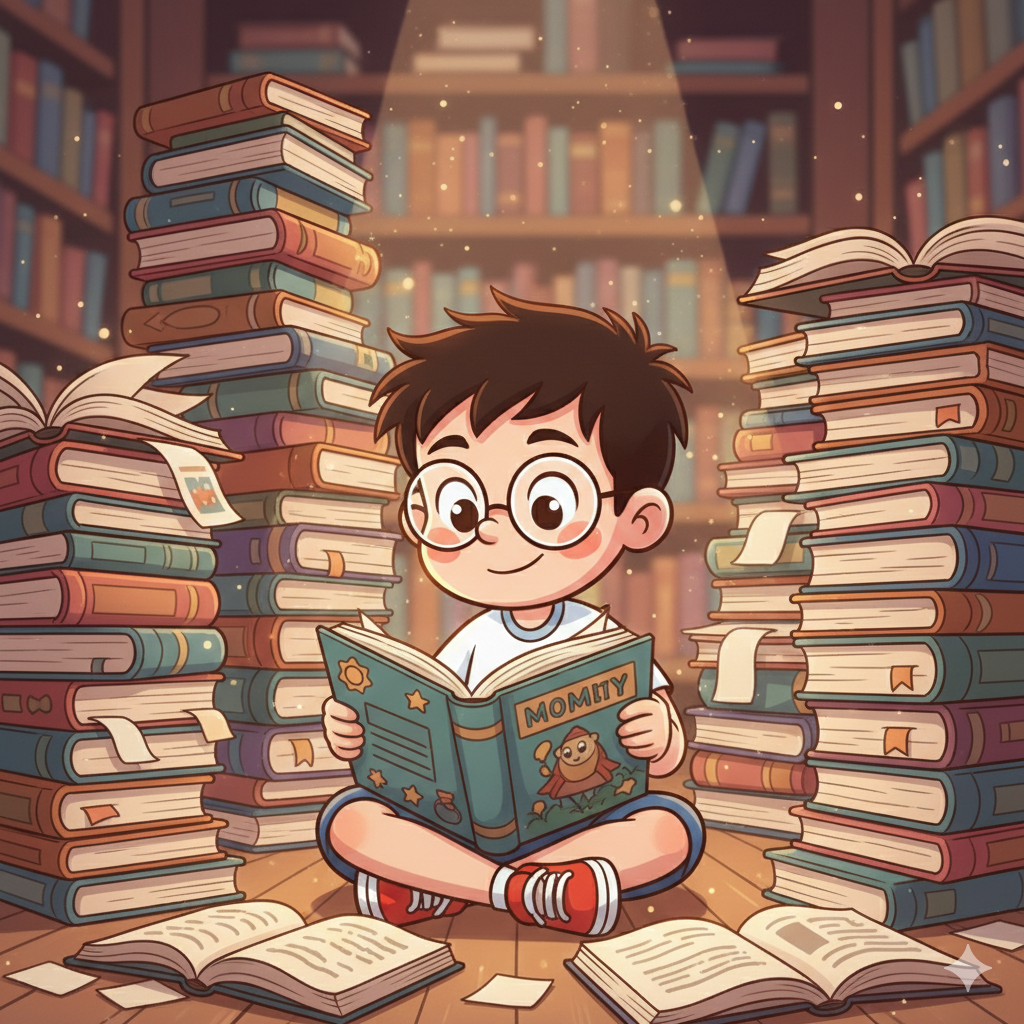 Pessoa lendo livros e materiais de estudo